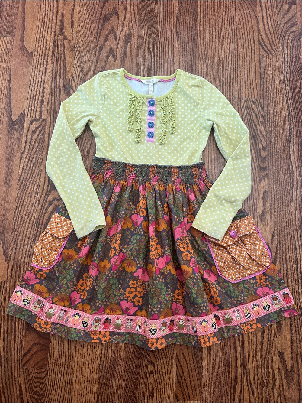 Matilda Jane Girls Green Polka Dot & Floral Long-Sleeve Dress size 8
